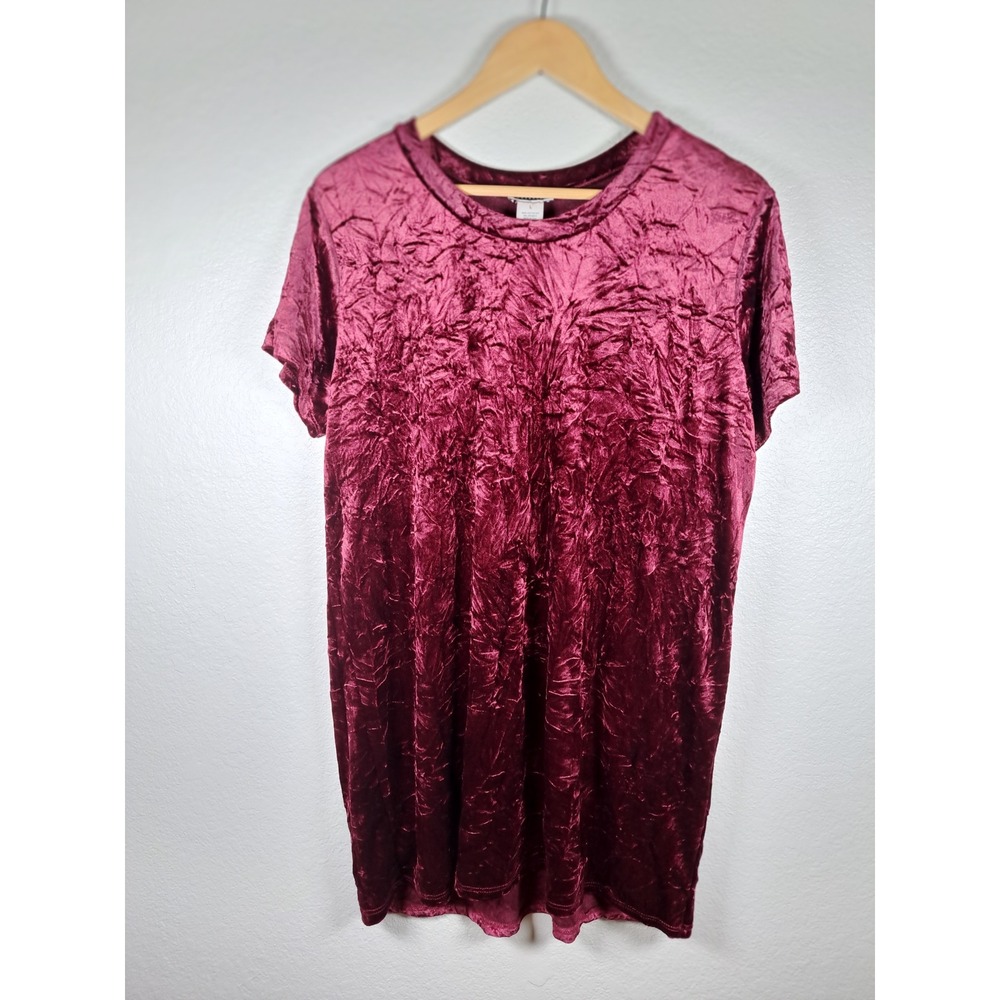 Contempo Casuals Burgundy Crushed Velvet Short Sleeve Crew Neck Top Large Vtg